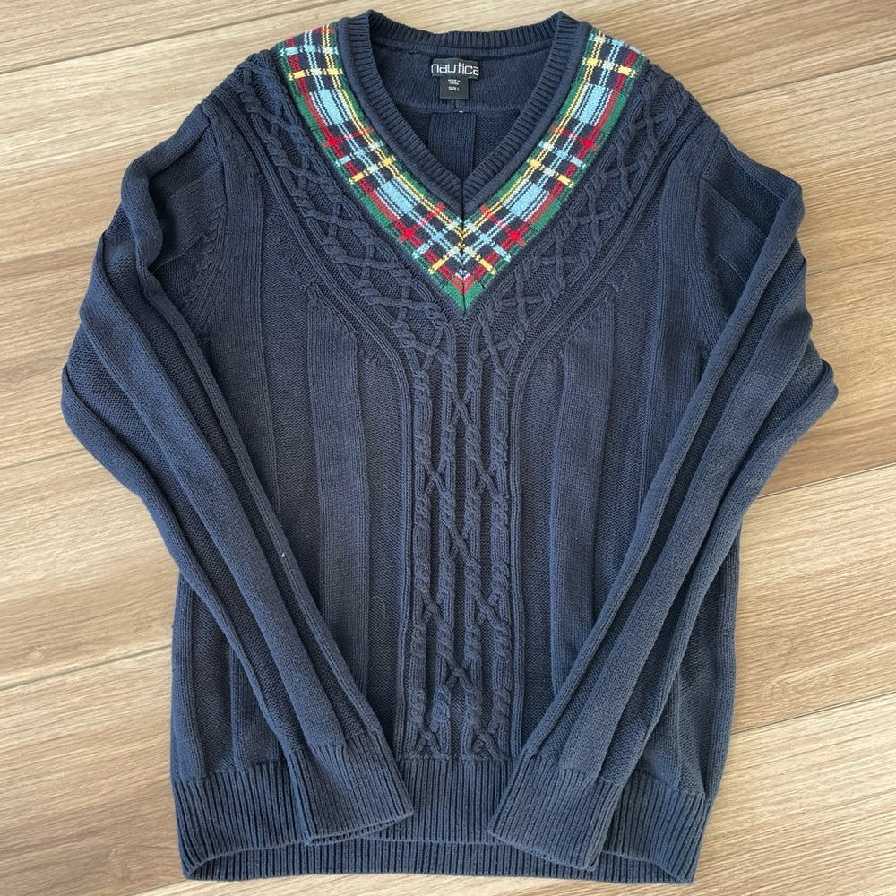 Nautica V-Neck Plaid and Navy Sweater